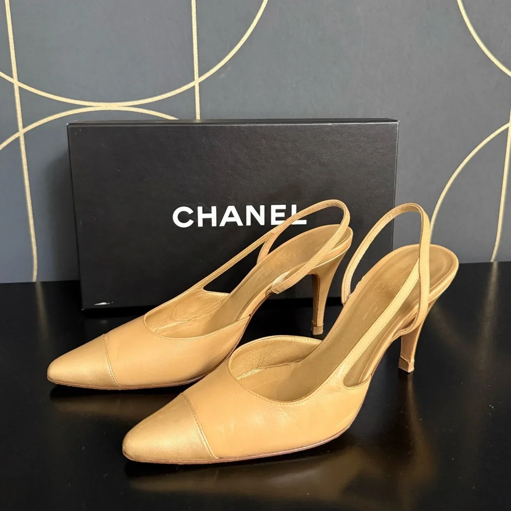 Authentic Chanel slingback pumps beige gold